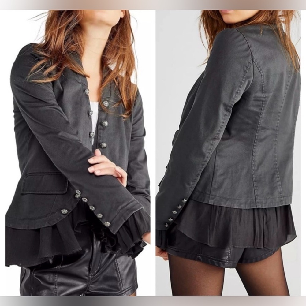 Free People Romantic Ruffles Charcoal Bronze Buttoned Blazer Jacket XS